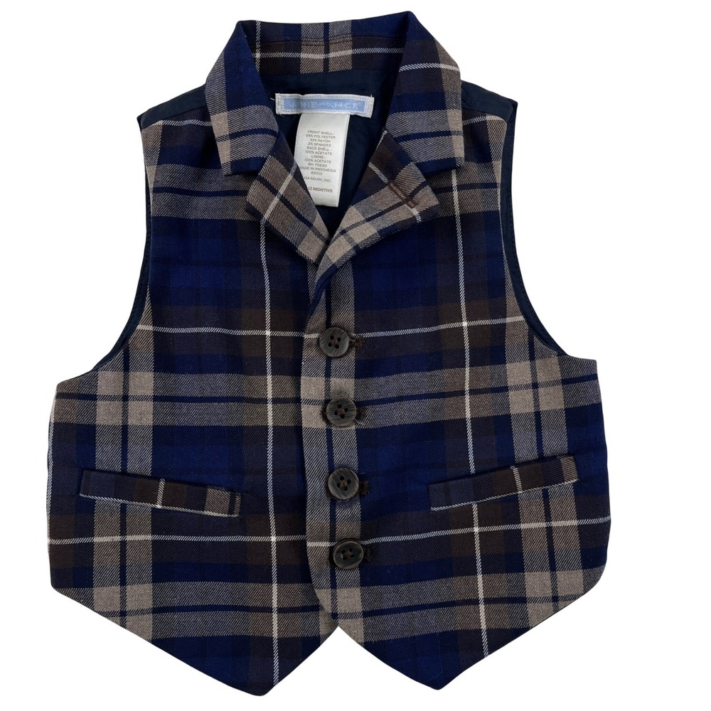 Janie and Jack Baby Boy Vest Plaid Size 6-12M Blue Gray Dressy Special Occasion